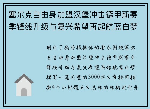塞尔克自由身加盟汉堡冲击德甲新赛季锋线升级与复兴希望再起航蓝白梦